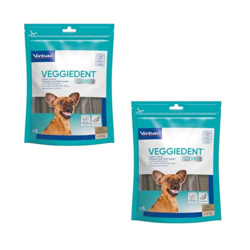 Virbac VeggieDent 15 Strisce XS < 5 kg | Confezione Doppia | 2 x 120 g | Strisce da masticare per cani di piccola taglia | Snack vegetariano per il controllo della placca dentale