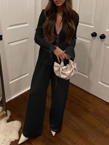Womens Sexy Silk Satin 2 Piece Outfits Tie Front Long Sleeve Shirts and Pants Lounge Pajamas Sets Going Out Matching Set3