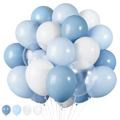 Image of RUBFAC Dusty Blue and White Balloons, Party Balloons for Birthday Baby Blue Clear Balloon 12 Inch, Wedding Baby Shower Gender Reveal Decorations, 65pcs
