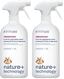 ATTITUDE Fruit and Vegetable Wash, Removes Wax, Dirt and Impurities, Plant- and Mineral-Based Formula, Vegan, Unscented, 800 mL (Paquete de 2)