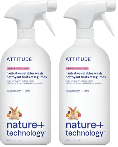 ATTITUDE Fruit and Vegetable Wash, Removes Wax, Dirt and Impurities, Plant- and Mineral-Based Formula, Vegan, Unscented, 800 mL (Pack of 2)