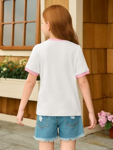 Haloumoning Girls Color Block Short Sleeve Shirts Kids Summer Striped Crewneck Tops Casual Tees 5-14 Years3