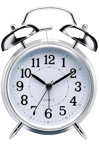 Image of Silver Twin Bell Table Clock, Metal Frame Alarm Clock with Night Backlight, Silent Movement, High Volume for Heavy Sleeper Alarm for Home,Office,Bedroom,Living Room(1-pcs)