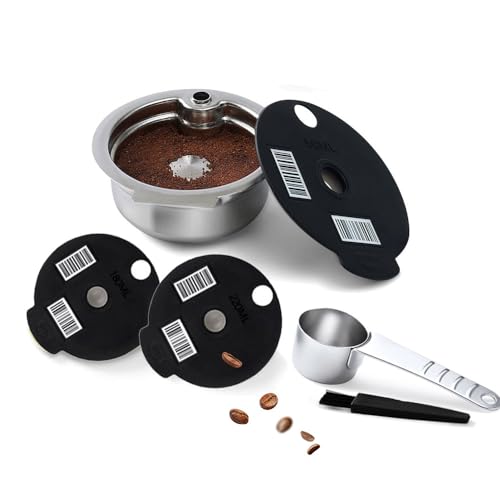 HAILASRE Reusable Pods Coffee Capsules Compatible with Bosch Tassimo Stainless Steel Metal Coffee Capsule Filters Reusable Coffee Pod 60ML+Extra Lid-180+220ML Silicone Cap