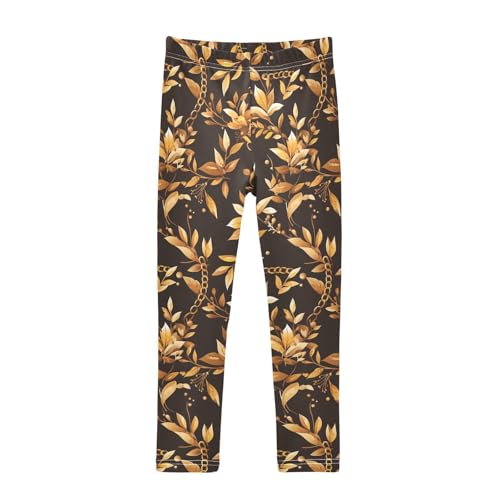 Golden Chain Pattern on Black Background Kids Girl's Leggings Comfortable High Waisted Sweatpants Gym