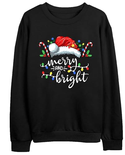 Image of Christmas Sweatshirt Women Merry and Bright Christmas T-Shirt Funny Xmas Lights Blouse Tops Holiday Shirts