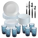 San Ignacio Pack Completo de Vajilla Blanca con borde azul de 24Pzs + 8 Vasos de cristal Azul 350ml + Cubertería de 32 Pzs color Negro