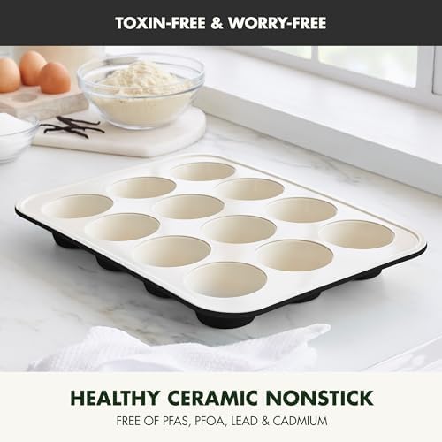 GreenPan Bakewell 12-Cup Muffin Pan, Healthy Ceramic Nonstick Bakeware, PFAS-Free Cupcake Mold, Durable Baking Tray, Versatile Kitchen Essentials, Easy Clean Ovenware, Black - Thumbnail 5