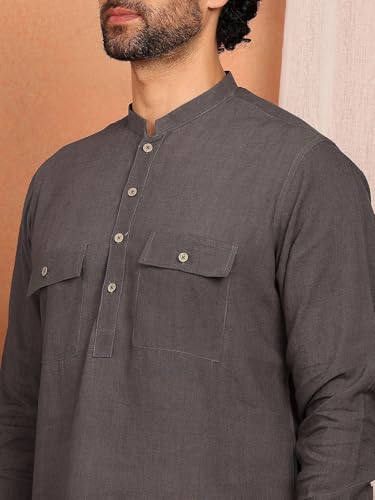 Image of See Designs Men's Full Sleeve Mandarin Collar Linen Solid Pathani Set