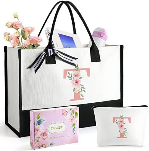 Ini-tial Floral Can-vas Tote Bag w Makeup Bag, Uti-lity Mono-gram Beach Tote Bags for Women, Christmas Personalized Birthday Grandma Teacher Thank You Gifts for Women w Inner Pocket, Card, Gift Box T