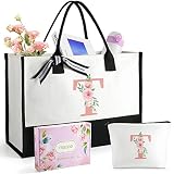 Ini-tial Floral Can-vas Tote Bag w Makeup Bag, Uti-lity Mono-gram Beach Tote Bags for Women, Christm
