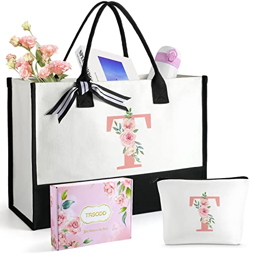 Ini-Tial Floral Can-Vas Tote Bag W Makeup Bag, Uti-Lity Mono-Gram Beach Tote Bags For Women, Christmas Personalized Birthday Grandma Teacher Thank You Gifts For Women W Inner Pocket, Card, Gift Box T #TOP13