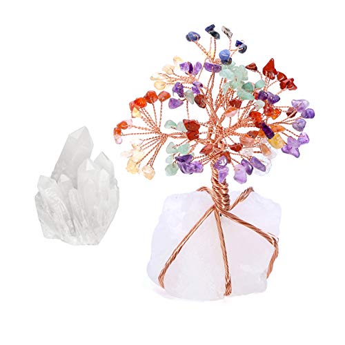 Top Plaza Bundle - 2 Items: Healing Rock Crystal Clear Quartz Cluster Mineral Geode Druzy Specimen & 7 Chakra Healing Crystals Copper Money Tree