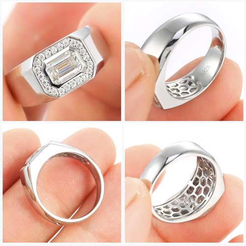 Moissanite Ring for Men 1.2CTTW D Color VVS1 Clarity Emerald Cut Vintage Engagement Ring S925 Sterling Silver with 18K White Gold Plated Genuine Moissanite Wedding Ring for Him Size 5-103