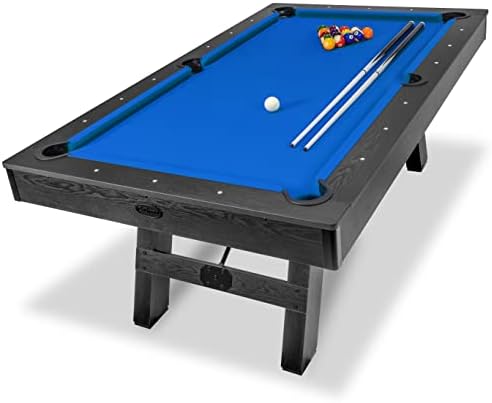 GoSports 7 ft Pool Table with Rustic Black Wood Finish - Modern Billiards Table with 2 Cue Stick, Balls, Rack, Felt Brush and Chalk - Blue