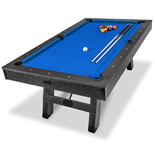 Gosports 7 Ft Pool Table With Rustic Black Wood Finish - Modern Billiards Table With 2 Cue Stick, Balls, Rack, Felt Brush And Chalk - Blue #TOP13