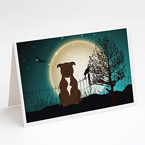 Caroline's Treasures BB2238GCA7P Halloween Scary Staffordshire Bull Terrier Chocolate Greeting Cards and Envelopes Pack of 8 Blank Cards with Envelopes Whimsical A7 Size 5x7 Blank Note Cards