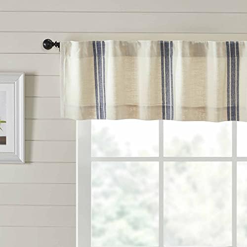 Piper Classics Market Place Blue Grain Sack Stripe Valance Curtain, 16" x 72", Farmhouse Style Blue & Natural Cream Window Curtain, Kitchen, Bath, Bedroom