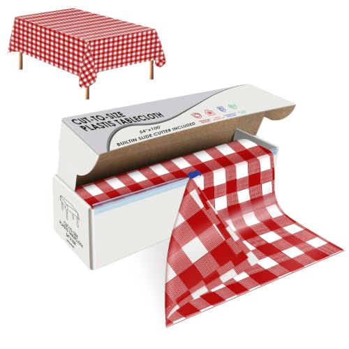 Image of tujol Red Checkered Disposable Plastic Table Cloth Roll 54 inch X 100'