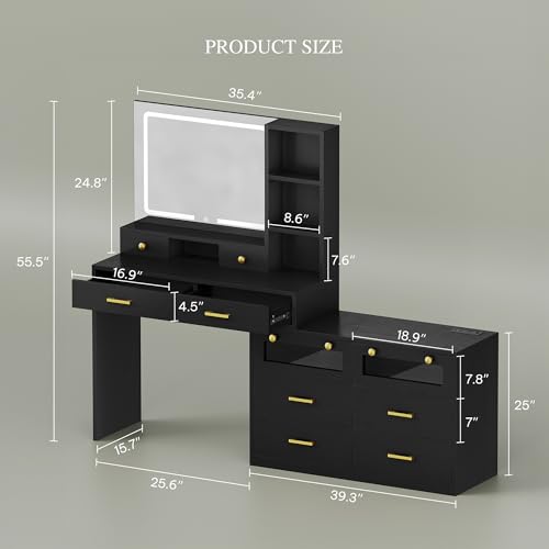 Image of DWVO Large Vanity Desk with Mirror - RGB LED and Charging Station, Make up Vanity Mirror with 3 Lights Mode and Brightness Adjusted, Large Storage Space-10 Drawers, 3 Open Shelves, Black