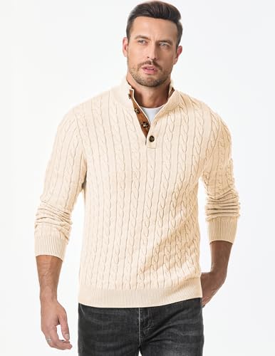 Image of JMIERR Men's Cable Knit Pullover Sweater Casual Long Sleeve Stand Collar Button Knitted Sweaters