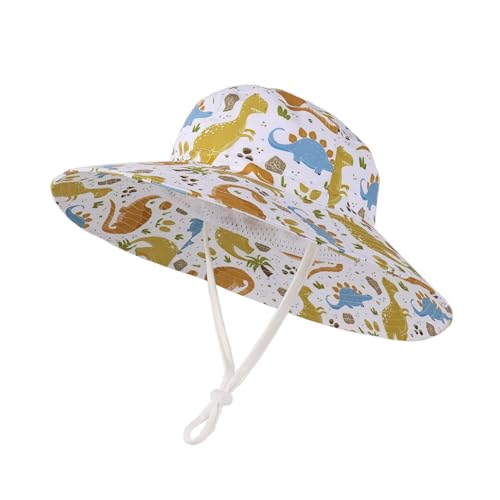 LANGZHEN Sun Protection Hat for Kids Toddler Boys Girls Wide Brim Summer Outdoor hat Cotton Baby Bucket Hat with Chin Strap(Daiyan Tricolor Dinosaur)