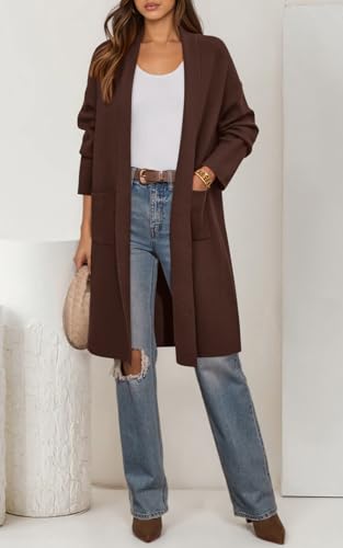 PRETTYGARDEN Long Sleeve Lapel Open Front Cardigan Sweaters for Women Trendy 2026 Oversized Spring Sweater Long Ladies Coats (Dark Brown, Large) — view 3