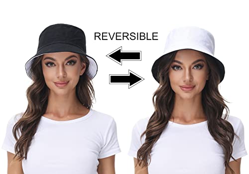 Women Reversible Bucket Hat Summer Beach Hat Outdoor Cap Black- White #TOP1