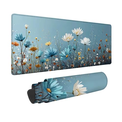 Tapis de souris XXL fleurs 150x80 cm bleu pour bureau de gamer