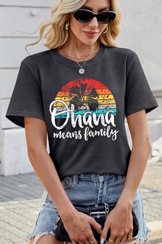 Image of Ohana Means Family Tshirt Women: Hawaii Tropical Graphic T-Shirt Summer Vacation Short Sleeve Tee Top