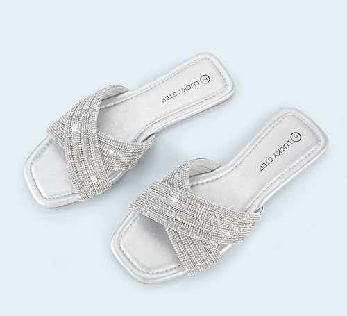 LUCKY STEP Women's Rhinestone Flat Sandals Open Toe Summer Glitter Bling Sparkle Dressy Slip on Outdoor Crossed Strap Slide4