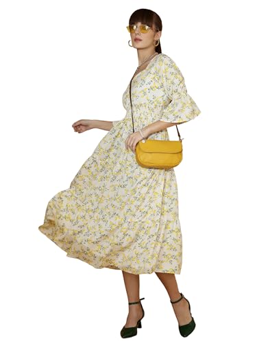 Sheetal Associates Women's Casual Flared Sleeve Crepe Floral Fit and Flare Dress, Yellow, XXL