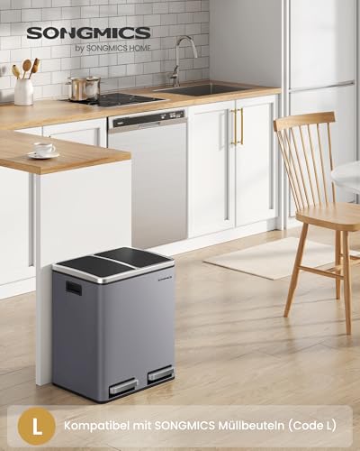 SONGMICS Mülleimer Küche, 2 x 15 Liter, Mülltrennsystem 2 Fächer, inklusive 15 Müllbeutel, Abfalleimer, Treteimer, recycelbare Abfälle, Biomüll, Softclose-Deckel, mattgrau LTB030G01