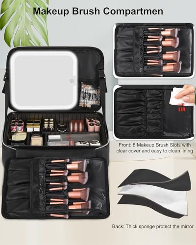 Relavel Makeup Bag with LED Mirror Travel Train Case Large Cosmetic Bags Organizer with Lighted Up Mirror with 3 Color Lights, Adjustable Brightness, Adjustable Dividers and Shoulder Strap (Black)3