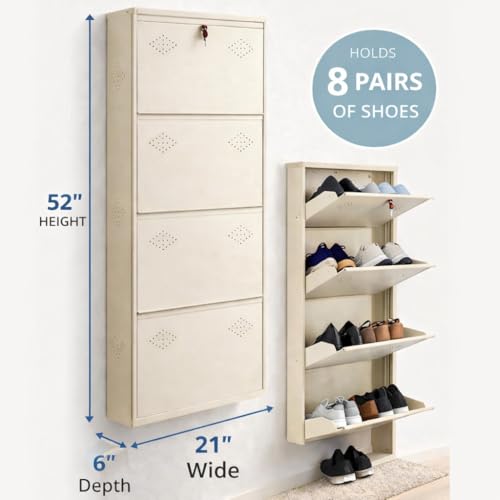Image of Wall Mounted Shoe Rack - 4 Door, Metal Shoe Rack Cabinet with Doors | Covered & Dustproof | Space Saving Shoe Organizer for Home & Balcony (52 x 21 x 6 Inch, Ivory)