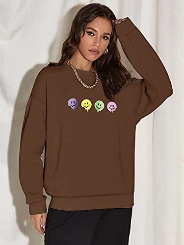 Meladyan Women’s Oversized Graphic Sweatshirts Crewneck Long Sleeve Solid Casual Loose Pullover Tops Brown #TOP7