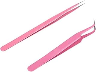 Eyelash Extension Tool, 2Pcs Stainless Steel Pink Straight and Curved Nail Tweezers Nippers Tools Eyelash Extension Tweezers, Pointed Clip, Makeup Tools