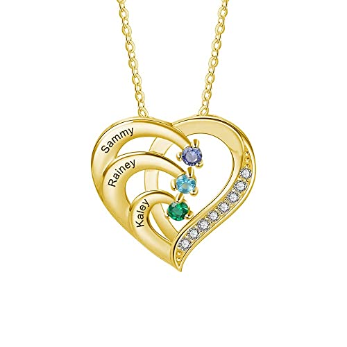 10K 14K 18K Gold Natural Diamonds and 2-5 Birthstones Heart Necklace for Women,Personalized Name Necklace Gift for Mom Gifts for Mother's Day(G-H Color, I2-I3 Clarity)