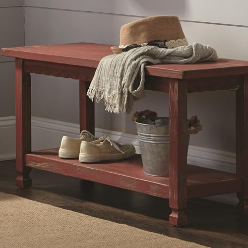 Alaterre Furniture Rustic Cottage Bench with 1 Shelf - Farmhouse Style & Functional Design - Red Antique - Entryway Furniture, 36 in. W x 14 in. D x 18 in. H - Solid Wood, Natural Finish & Whitewash