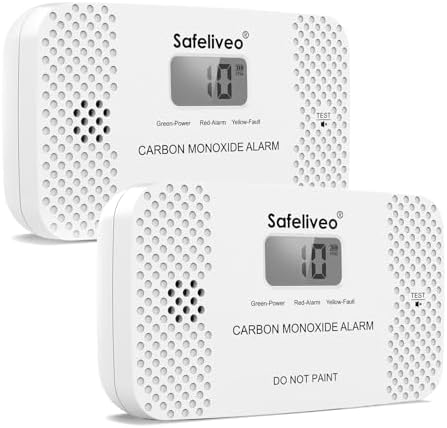 Safeliveo 10 Jahre CO Melder, Klein Kohlenmonoxidmelder, Weiß, 2stück | EN 50291 zertifiziert, AA Batterie Wechselbar, LCD Display, Standalone