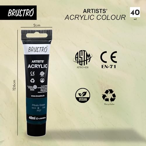 Image of BRUSTRO Artists Acrylic Paint Tube | 40ml, Phthalo Green (Pack of 2)|Non-Toxic, Water Based, Inter Mixable, Ideal for Painting, Textured Effects on Canvas, Paper, Fine Art Student and Professionals