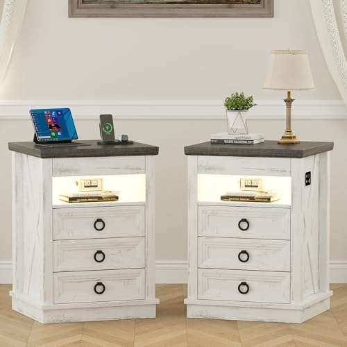 Lvifur Farmhouse Nightstand with Gun Drawer Set of 2, Human Sensor LED Bedside Table with LED Lights & Charging Station, Rustic Wood Sofa Side End Table with 3 Drawers for Bedroom (Whitex2)