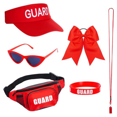 cnomg 6Pcs Guard Costume Set Lifeguard Costume Accessories Hat Fanny Pack Red Headband Sunglasses Whistle Silicone Wristband for Women Halloween Beach Dress up Party(Style2)