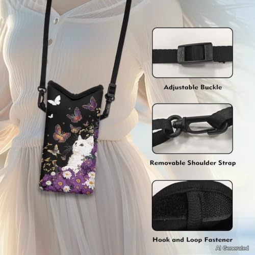 Image of Mini Cell Phone Crossbody Bag Neoprene Smartphone Wallet Bag Shockproof and Waterproof Compatible with Most Smartphones for Traveling, Beach, Cute Cat Butterfly Violet Daisy Black