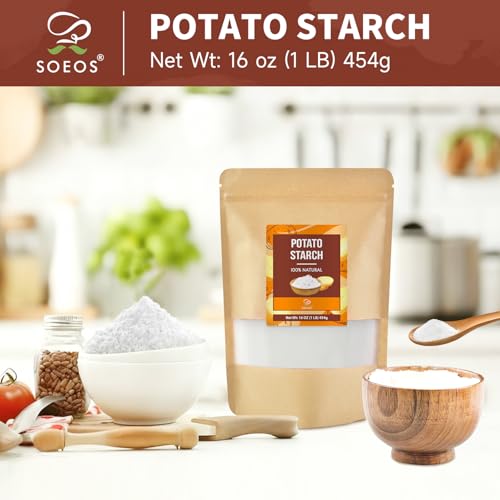 Soeos Potato Starch, 16 oz(1lb) 454g – Gluten-Free Thickener for Baking, Frying & Sauces, Crisp Texture Corn Starch for Tempura (Resealable Bag)