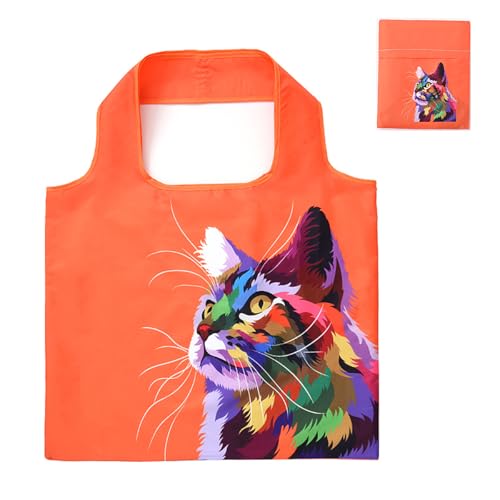 Lin’s Liliana große Einkauftasche faltbar 50x40cm, Handtasche mit Tierdruck, wiederverwendbar reißfest Einkauftasche handlich leicht Tasche für Einkauf Reise Ausflug (Orange Katze)