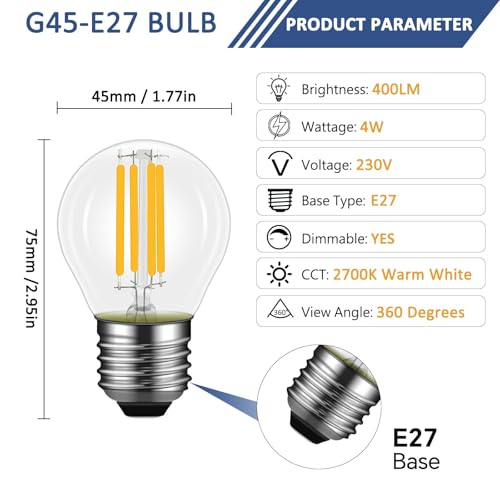Caldarax 4 Pack 4W E27 LED G45 Filament Golf Ball Bulb Dimmable, Warm White 2700K, 40W Equivalent, Large Edison Screw, 400lm, E27 LED Vintage Glass Globe Bulb, Transparent, Energy Saving Light