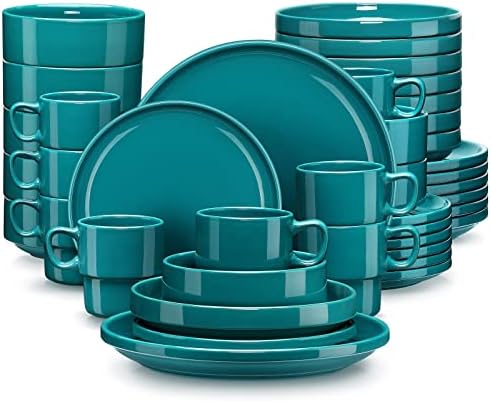 LOVECASA Porcelain Dinner Set 16-Piece Combination Service, Dinnerware Set for 4 People | Dinner Plates, Cups, Dessert Plates and Bowls, Dark Green