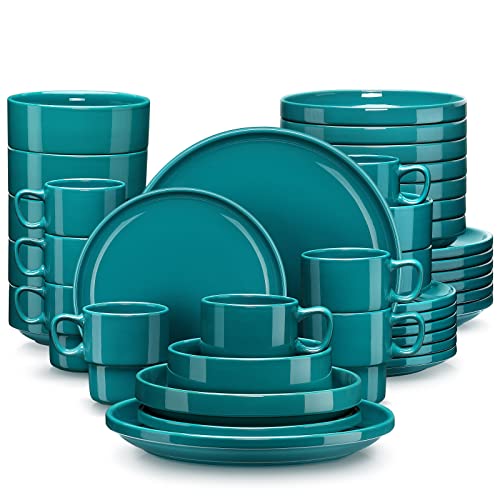 LOVECASA, Dinner Set, Porcelain Vintage Look Dark Green Dinnerware Tableware, 40 Pieces Dinner Service Set for 8, Include Dinner Plate, Dessert Plate, Cereal Bowl, Soup Plate and Mug