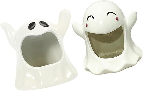 ABOOFAN Portavelas de Halloween con forma de fantasma, portavelas votivas, 2 portavelas de cerámica para centros de mesa de Halloween, decoración de